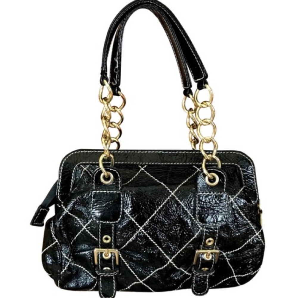 BERGE BLACK PATENT LEATHER QUILTED BAG WITH GOLD TONE CHAIN STRAPS